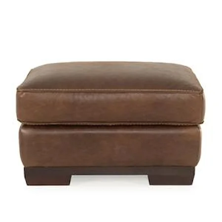 Contemporary Leather Ottoman with Plush Top and Tapered Wood Feet